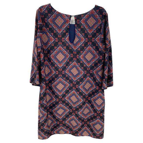 Gibiu Shift Black Geometric Dress Keyhole 3/4 Sleeves‎ Medium Boho 70’s Retro - Picture 4 of 7